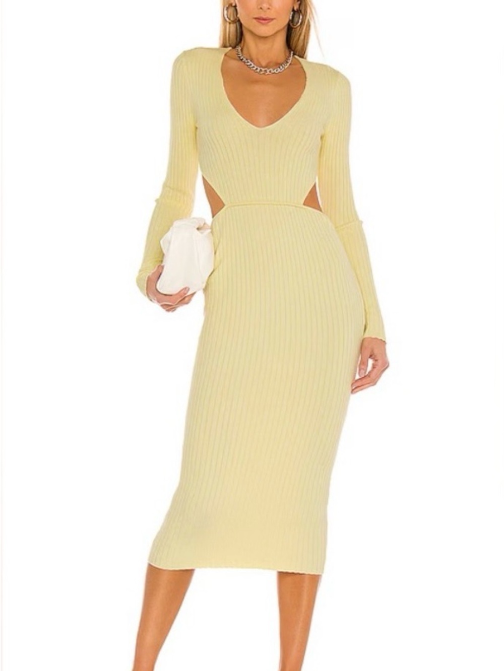 NWOT Camila Coelho Pale Yellow Ribbed Cutout Long Sleeve Midi Dress